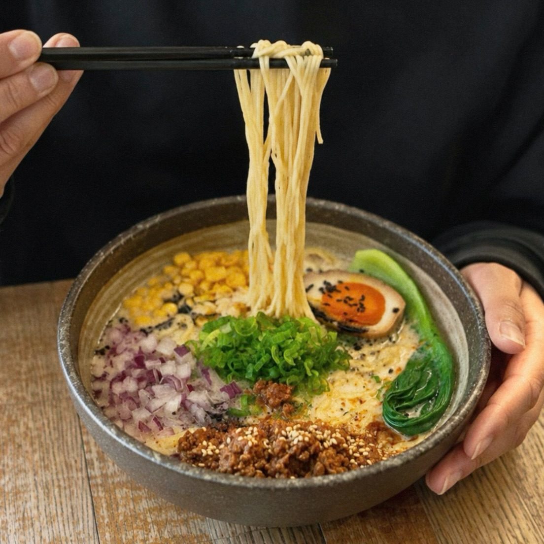 Ramen-Nudeln werden mit Stäbchen aus der Schale gehoben, DAIKAN